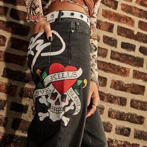 Ed Hardy Love Kills Slowly Embroidery Wide Leg Black Y2k Skull Denim Jeans 28